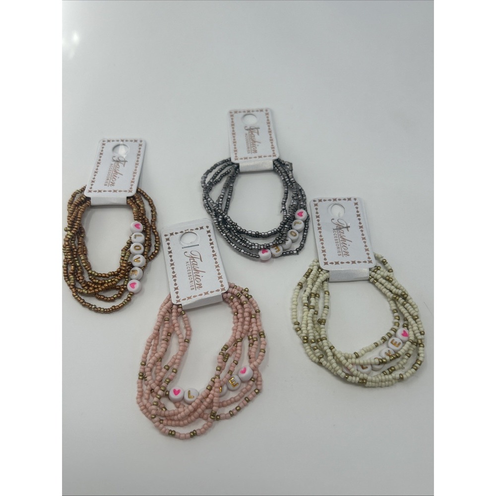 4 NWT Fashion Accessories Stacked Elastic Bead LOVE Bracelets Pink Cream Silver